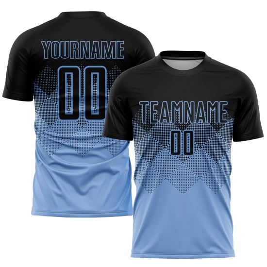 Maglia da calcio personalizzata con stampa sublimatica blu chiaro e nera Maglia da calcio personalizzata con stampa sublimatica blu chiaro e nera