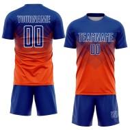 Maglia da calcio personalizzata arancione royal-bianca con stampa sublimatica Maglia da calcio personalizzata arancione royal-bianca con stampa sublimatica
