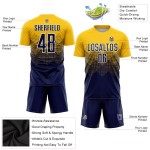 Maglia da calcio personalizzata con stampa sublimatica blu navy e bianca in oro Maglia da calcio personalizzata con stampa sublimatica blu navy e bianca in oro