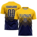 Maglia da calcio personalizzata con stampa sublimatica blu navy e bianca in oro Maglia da calcio personalizzata con stampa sublimatica blu navy e bianca in oro