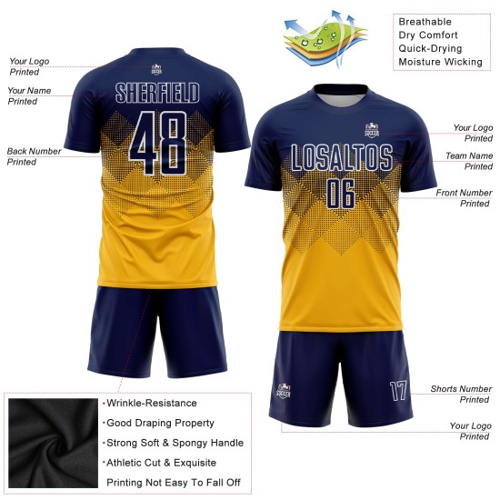 Maglia da calcio personalizzata con stampa sublimatica blu navy e bianca in oro Maglia da calcio personalizzata con stampa sublimatica blu navy e bianca in oro
