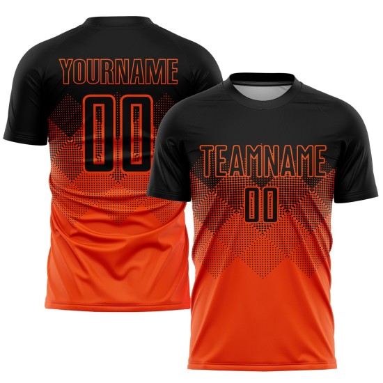 Maglia da calcio personalizzata arancione nera con stampa a sublimazione Maglia da calcio personalizzata arancione nera con stampa a sublimazione