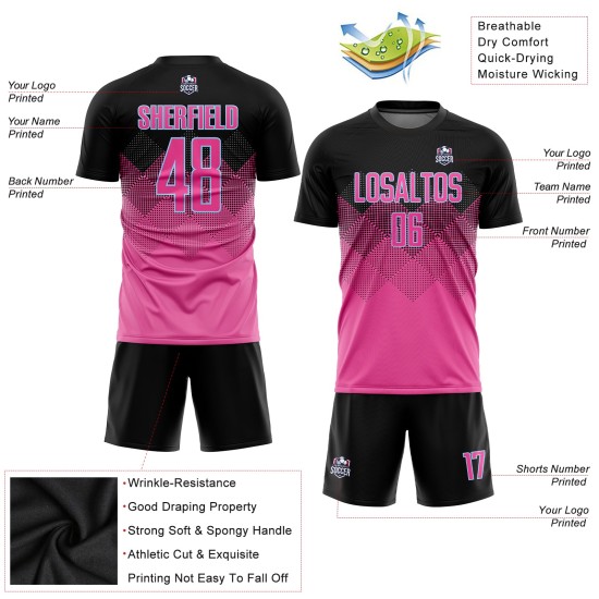Maglia da calcio personalizzata con stampa a sublimazione a forma quadrata, sfumata rosa nera-azzurra Maglia da calcio personalizzata con stampa a sublimazione a forma quadrata, sfumata rosa nera-azzurra