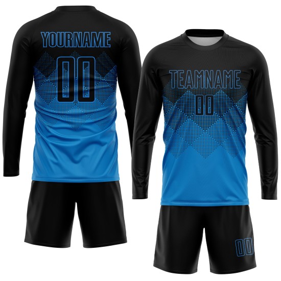 Maglia da calcio personalizzata blu e nera con stampa sublimatica Maglia da calcio personalizzata blu e nera con stampa sublimatica