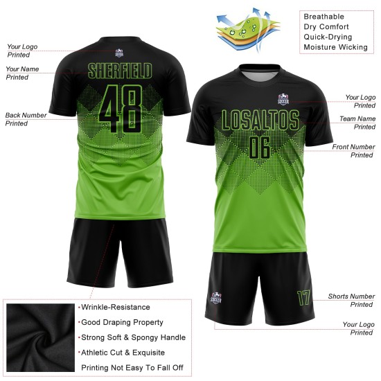 Maglia da calcio personalizzata verde neon nera con stampa a sublimazione Maglia da calcio personalizzata verde neon nera con stampa a sublimazione