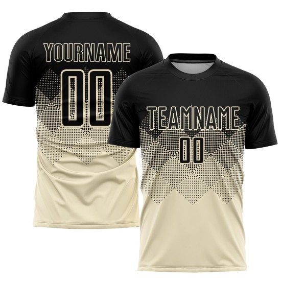 Maglia da calcio personalizzata in sublimazione nera e crema Maglia da calcio personalizzata in sublimazione nera e crema