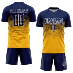 Maglia da calcio personalizzata con stampa sublimatica blu navy e bianca in oro Maglia da calcio personalizzata con stampa sublimatica blu navy e bianca in oro