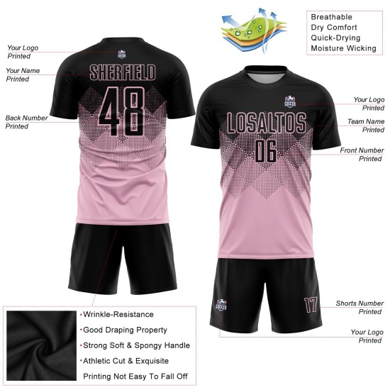 Maglia da calcio personalizzata rosa chiaro e nera con stampa a sublimazione Maglia da calcio personalizzata rosa chiaro e nera con stampa a sublimazione