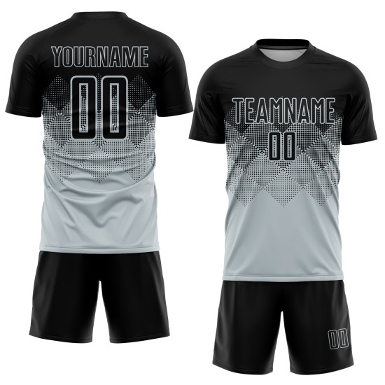 Maglia da calcio personalizzata in argento e nero con stampa a sublimazione Maglia da calcio personalizzata in argento e nero con stampa a sublimazione