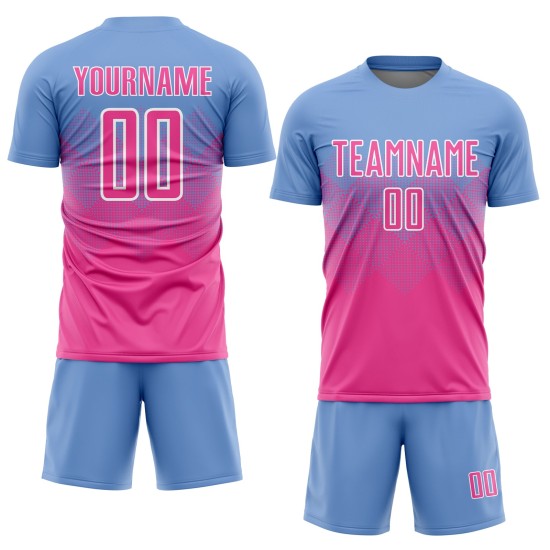 Maglia da calcio personalizzata con stampa a sublimazione azzurra rosa-bianca Maglia da calcio personalizzata con stampa a sublimazione azzurra rosa-bianca