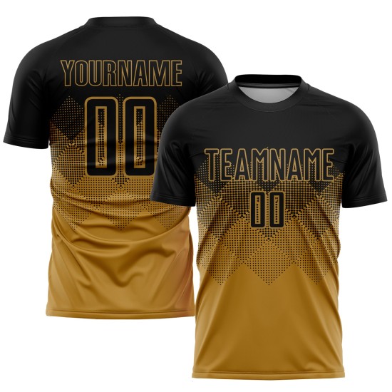 Maglia da calcio personalizzata con stampa sublimatica nera in oro antico Maglia da calcio personalizzata con stampa sublimatica nera in oro antico