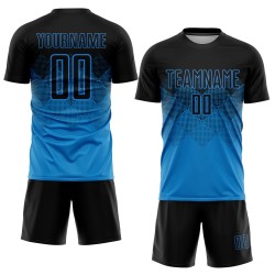 Maglia da calcio personalizzata blu e nera con stampa sublimatica Maglia da calcio personalizzata blu e nera con stampa sublimatica