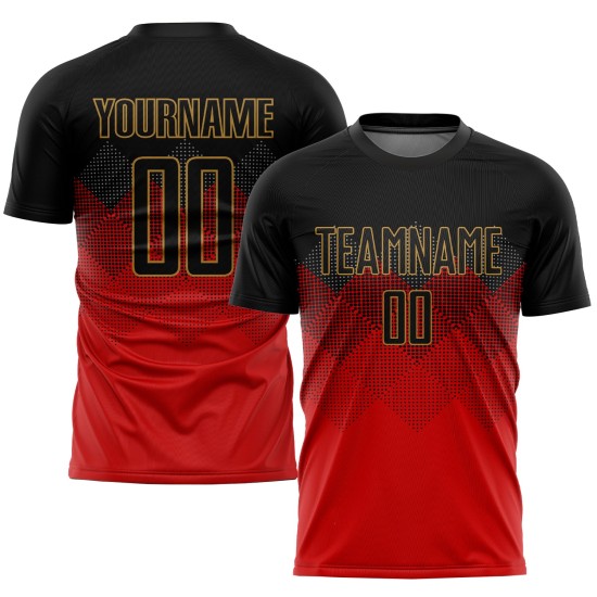 Maglia da calcio personalizzata con stampa a sublimazione rosso nero-oro antico Maglia da calcio personalizzata con stampa a sublimazione rosso nero-oro antico