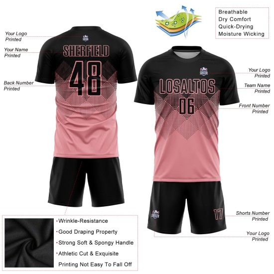 Maglia da calcio personalizzata con stampa sublimatica rosa medio nera Maglia da calcio personalizzata con stampa sublimatica rosa medio nera
