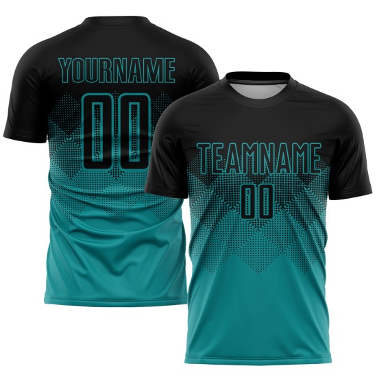 Maglia da calcio personalizzata con stampa sublimatica nera e verde acqua Maglia da calcio personalizzata con stampa sublimatica nera e verde acqua