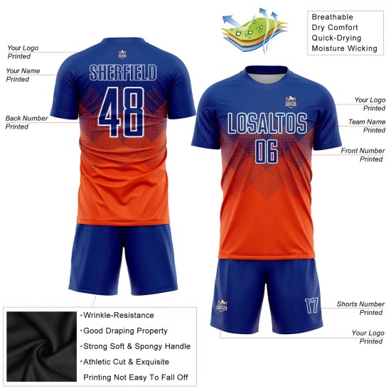 Maglia da calcio personalizzata arancione royal-bianca con stampa sublimatica Maglia da calcio personalizzata arancione royal-bianca con stampa sublimatica