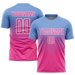 Maglia da calcio personalizzata con stampa a sublimazione azzurra rosa-bianca Maglia da calcio personalizzata con stampa a sublimazione azzurra rosa-bianca