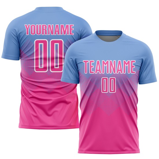 Maglia da calcio personalizzata con stampa a sublimazione azzurra rosa-bianca Maglia da calcio personalizzata con stampa a sublimazione azzurra rosa-bianca
