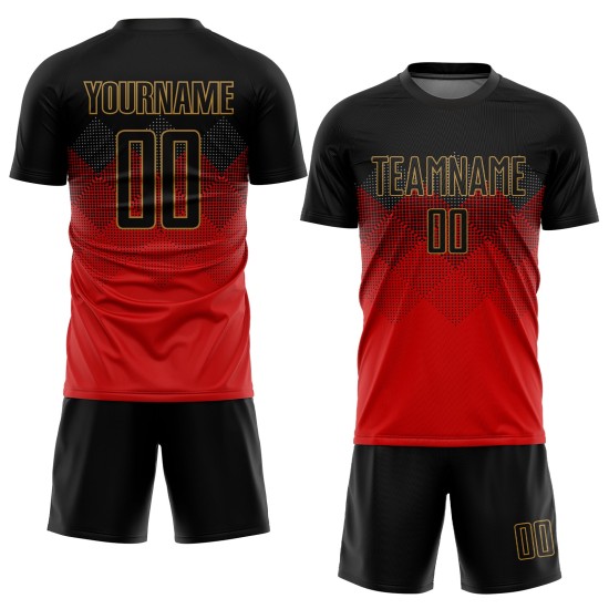 Maglia da calcio personalizzata con stampa a sublimazione rosso nero-oro antico Maglia da calcio personalizzata con stampa a sublimazione rosso nero-oro antico