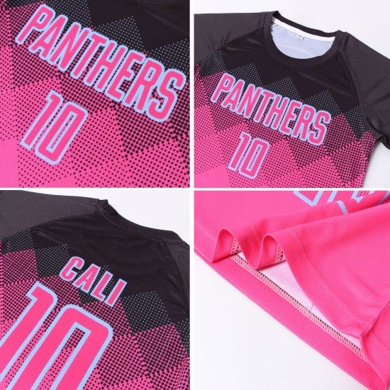 Maglia da calcio personalizzata con stampa a sublimazione a forma quadrata, sfumata rosa nera-azzurra Maglia da calcio personalizzata con stampa a sublimazione a forma quadrata, sfumata rosa nera-azzurra
