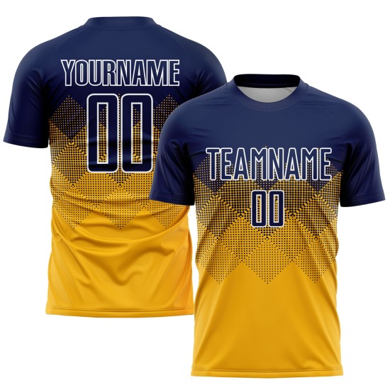 Maglia da calcio personalizzata con stampa sublimatica blu navy e bianca in oro Maglia da calcio personalizzata con stampa sublimatica blu navy e bianca in oro