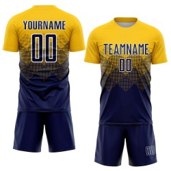 Maglia da calcio personalizzata con stampa sublimatica blu navy e bianca in oro Maglia da calcio personalizzata con stampa sublimatica blu navy e bianca in oro