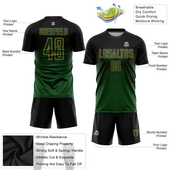 Maglia da calcio personalizzata con stampa sublimatica nera verde-oro antico Maglia da calcio personalizzata con stampa sublimatica nera verde-oro antico