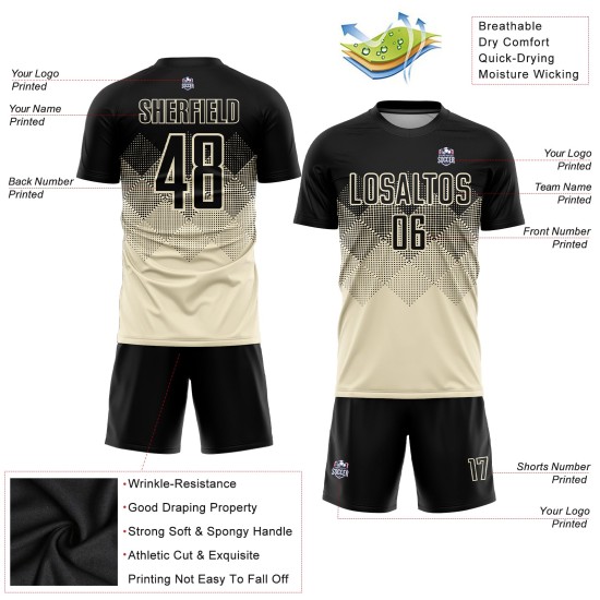Maglia da calcio personalizzata in sublimazione nera e crema Maglia da calcio personalizzata in sublimazione nera e crema