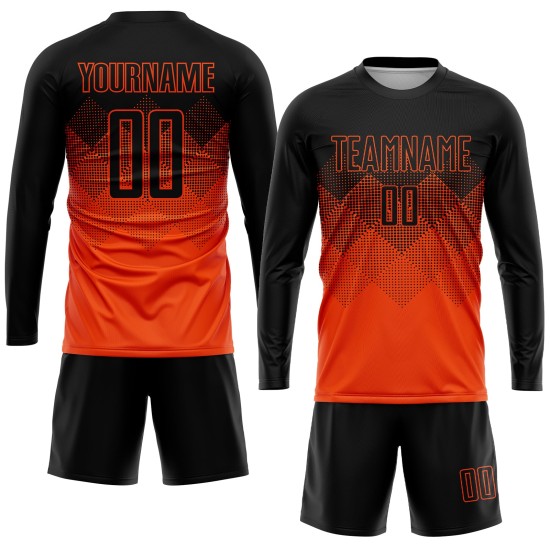 Maglia da calcio personalizzata arancione nera con stampa a sublimazione Maglia da calcio personalizzata arancione nera con stampa a sublimazione