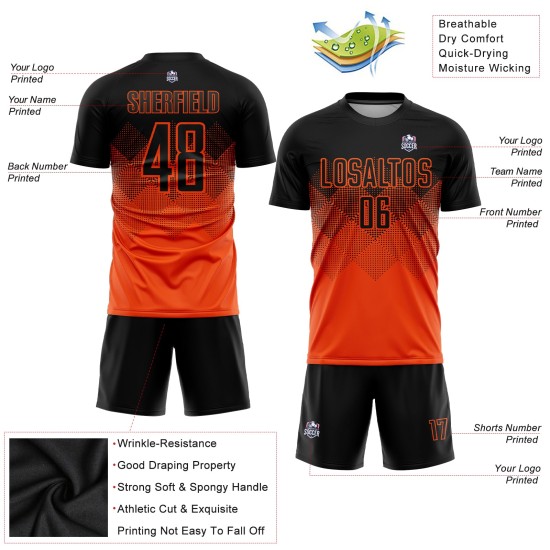 Maglia da calcio personalizzata arancione nera con stampa a sublimazione Maglia da calcio personalizzata arancione nera con stampa a sublimazione
