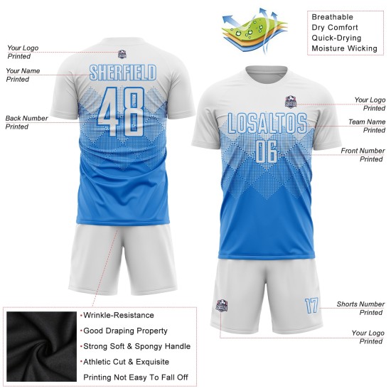 Maglia da calcio personalizzata con stampa a sublimazione blu polvere bianca Maglia da calcio personalizzata con stampa a sublimazione blu polvere bianca