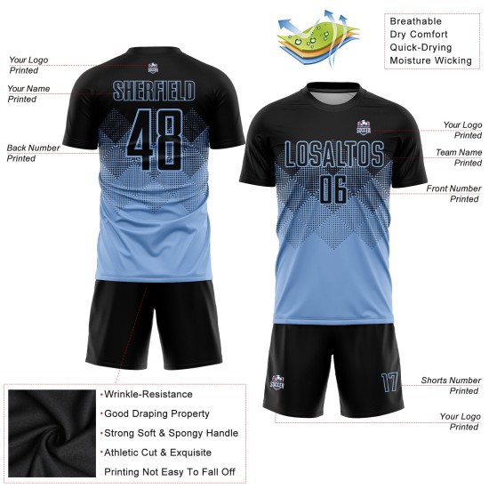 Maglia da calcio personalizzata con stampa sublimatica blu chiaro e nera Maglia da calcio personalizzata con stampa sublimatica blu chiaro e nera