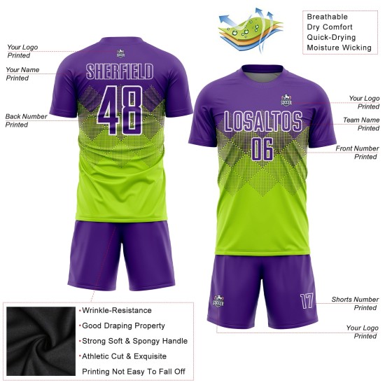 Maglia da calcio personalizzata con stampa sublimatica verde neon viola-bianco Maglia da calcio personalizzata con stampa sublimatica verde neon viola-bianco