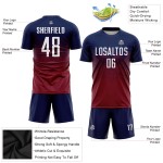 Maglia da calcio personalizzata con stampa a sublimazione blu navy bianco-cremisi Maglia da calcio personalizzata con stampa a sublimazione blu navy bianco-cremisi