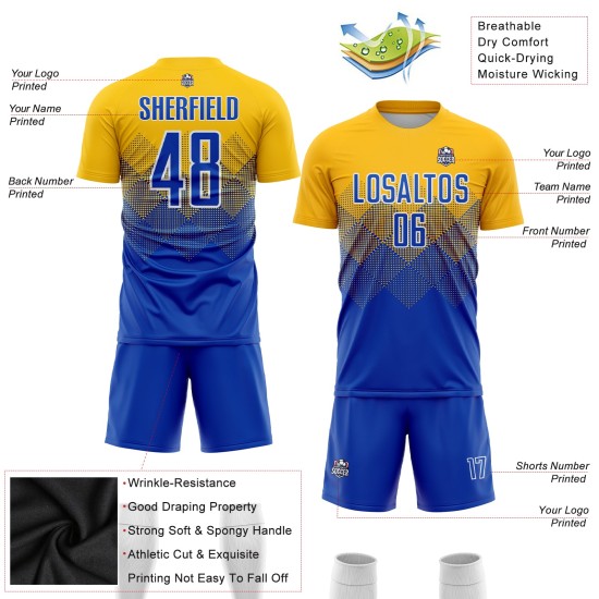 Maglia da calcio personalizzata con stampa sublimatica oro reale-bianco Maglia da calcio personalizzata con stampa sublimatica oro reale-bianco
